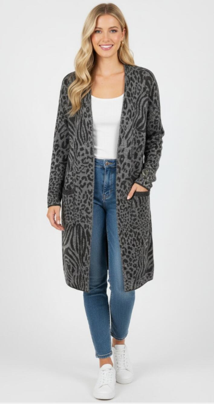 FORTUNE + IVY Cardigan Duster Sweater Animal Print Gray Women's Large NEW